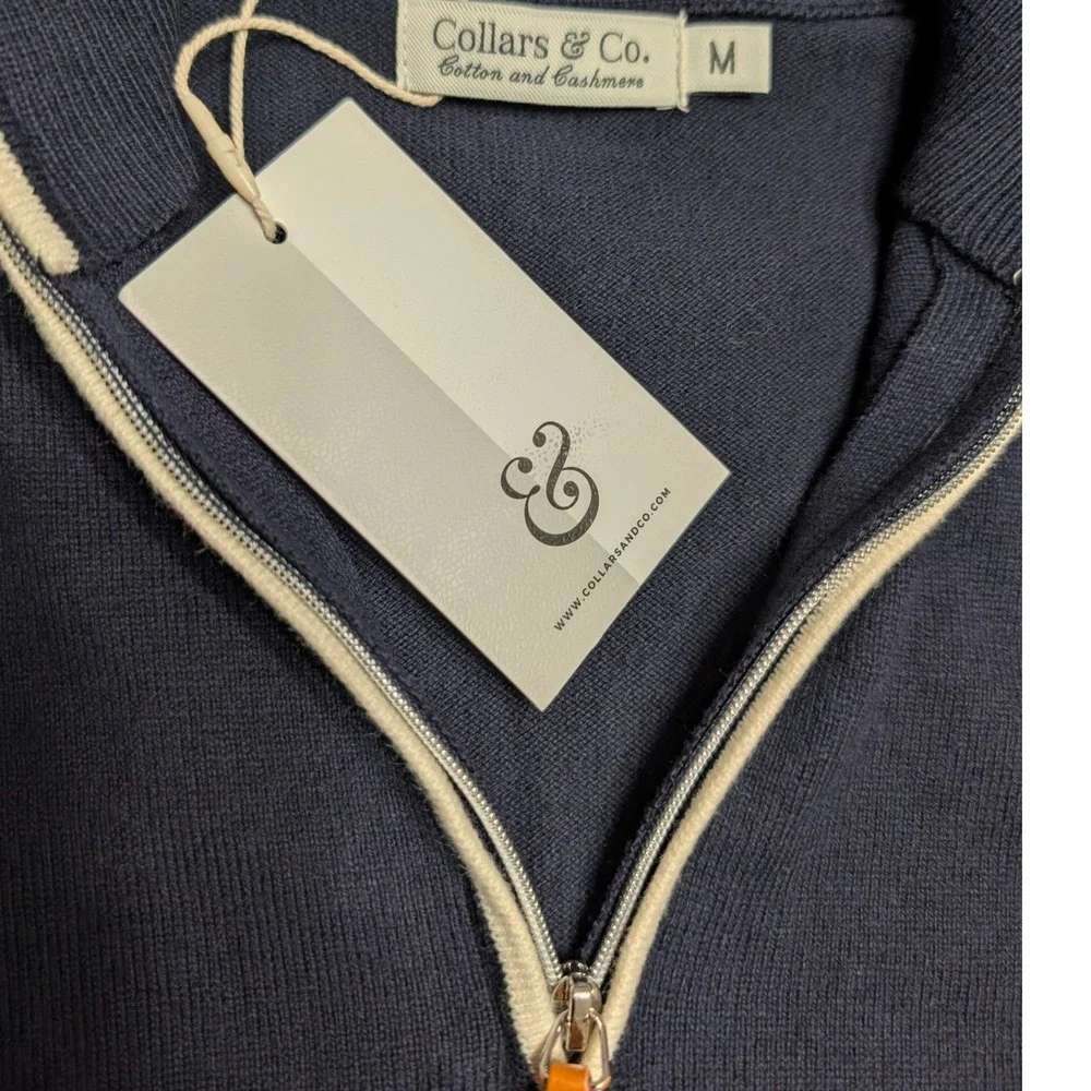 Collars & Co‎ Mens Navy Blue Cotton Cashmere Quarter Zip Pullover Sweater Size M